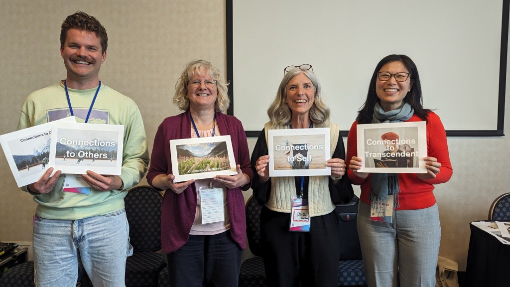 Quatre personnes se tiennent côte à côte, chacune tenant un morceau de papier décrivant un type de lien spirituel.